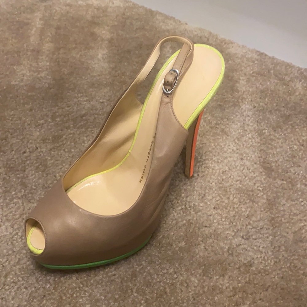 Nude Giuseppe Zanotti heels with neon colors orange, yellow and green